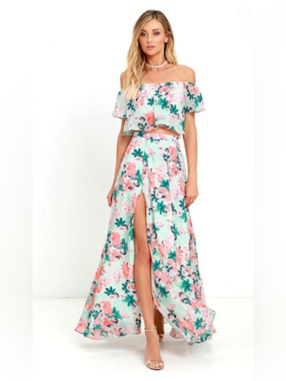 Lulus Bloom for Two Mint Floral Print Two-Piece Maxi Dress